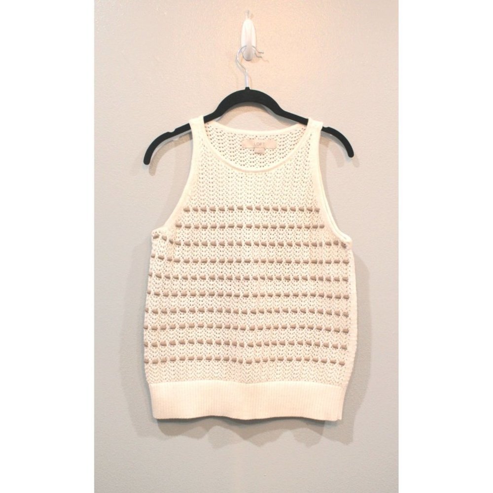 🔥LOFT white tan knit woven sleeveless cotton top size small